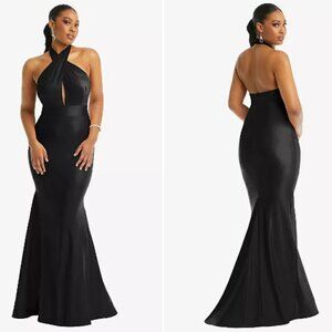 Cynthia & Sahar Satin Criss Cross Halter Open-Back Mermaid Dress Black XXL